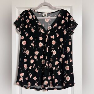 Anne Klein Black V-Neck Blouse with Pink Floral Print